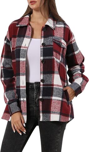 سترة نسائية من قماش الفلانيل منقوشة من TRENDSTITCH بأكمام طويلة قمصان غير رسمية بأزرار للأسفل مع جيوب ملابس خريف 2023 in Kuwait