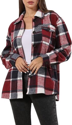 سترة نسائية من قماش الفلانيل منقوشة من TRENDSTITCH بأكمام طويلة قمصان غير رسمية بأزرار للأسفل مع جيوب ملابس خريف 2023 in Kuwait