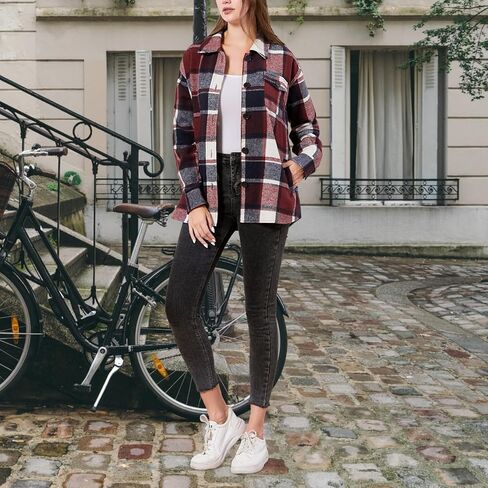 سترة نسائية من قماش الفلانيل منقوشة من TRENDSTITCH بأكمام طويلة قمصان غير رسمية بأزرار للأسفل مع جيوب ملابس خريف 2023 in Kuwait