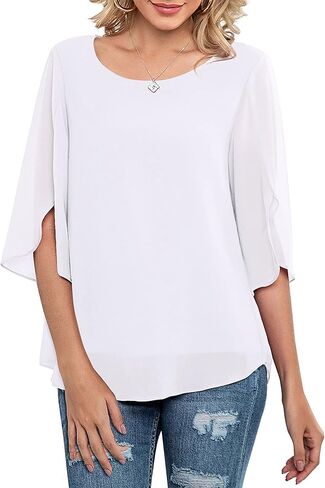 Neineiwu Womens Casual Scoop Neck Loose Top 3/4 Sleeve Chiffon Blouse Shirt Tops in Kuwait