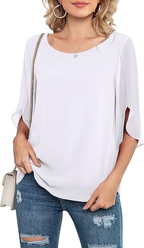 Neineiwu Womens Casual Scoop Neck Loose Top 3/4 Sleeve Chiffon Blouse Shirt Tops in Kuwait