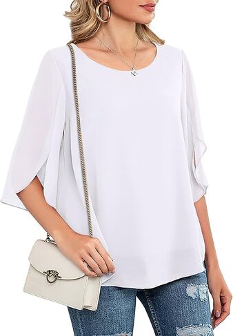 Neineiwu Womens Casual Scoop Neck Loose Top 3/4 Sleeve Chiffon Blouse Shirt Tops in Kuwait