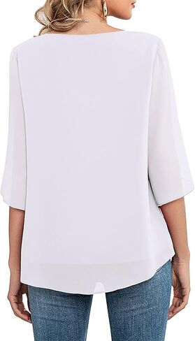 Neineiwu Womens Casual Scoop Neck Loose Top 3/4 Sleeve Chiffon Blouse Shirt Tops in Kuwait