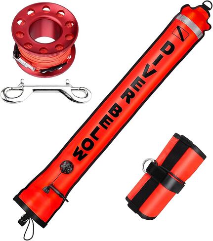 4ft Scuba Diving Open Bottom Surface Marker Buoy (SMB) with 49ft Finger Spool Alloy Dive Reel and Double Ended Bolt Clip Red in Kuwait
