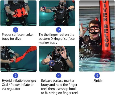 4ft Scuba Diving Open Bottom Surface Marker Buoy (SMB) with 49ft Finger Spool Alloy Dive Reel and Double Ended Bolt Clip Red in Kuwait