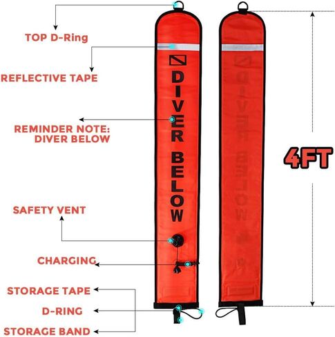 4ft Scuba Diving Open Bottom Surface Marker Buoy (SMB) with 49ft Finger Spool Alloy Dive Reel and Double Ended Bolt Clip Red in Kuwait