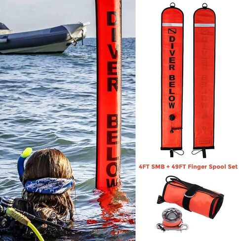 4ft Scuba Diving Open Bottom Surface Marker Buoy (SMB) with 49ft Finger Spool Alloy Dive Reel and Double Ended Bolt Clip Red in Kuwait