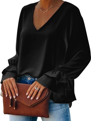 LYANER Women's Casual V Neck Tiered Ruffle Bell Long Sleeve Blouse Shirt Tunic Top in Kuwait