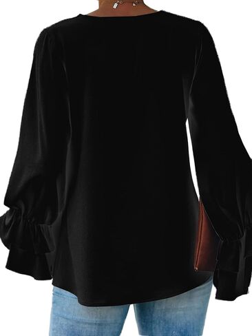 LYANER Women's Casual V Neck Tiered Ruffle Bell Long Sleeve Blouse Shirt Tunic Top in Kuwait