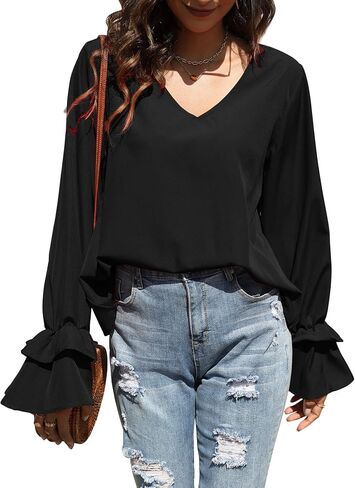 LYANER Women's Casual V Neck Tiered Ruffle Bell Long Sleeve Blouse Shirt Tunic Top in Kuwait