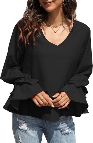 LYANER Women's Casual V Neck Tiered Ruffle Bell Long Sleeve Blouse Shirt Tunic Top in Kuwait