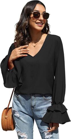 LYANER Women's Casual V Neck Tiered Ruffle Bell Long Sleeve Blouse Shirt Tunic Top in Kuwait