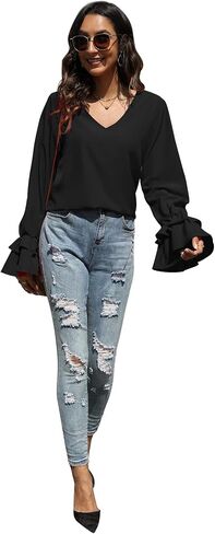 LYANER Women's Casual V Neck Tiered Ruffle Bell Long Sleeve Blouse Shirt Tunic Top in Kuwait