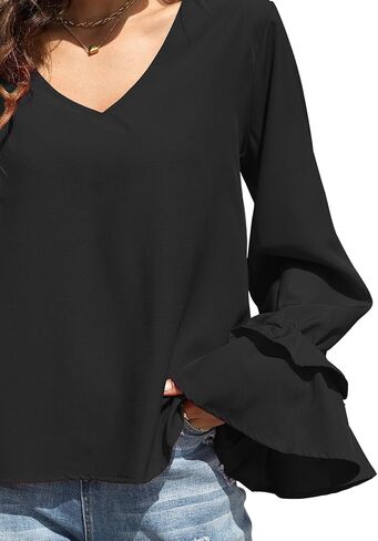 LYANER Women's Casual V Neck Tiered Ruffle Bell Long Sleeve Blouse Shirt Tunic Top in Kuwait
