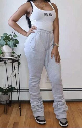 HuiSiFang Women Stacked Pants Fleece Sweatpants Thicked Warm Jogging Casual Ruched Workout Active Jogger Pants in Saudi Arabia
