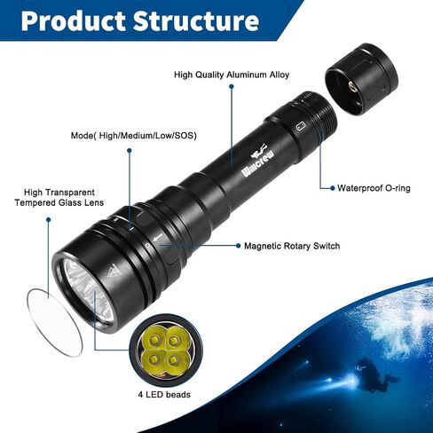 مصباح غوص احترافي من Willcrew DX150 بقوة 15000 لومن، مصباح غوص مقاوم للماء وقابل لإعادة الشحن تحت الماء، 4 أوضاع إضاءة مع شاحن وصندوق أدوات in Kuwait