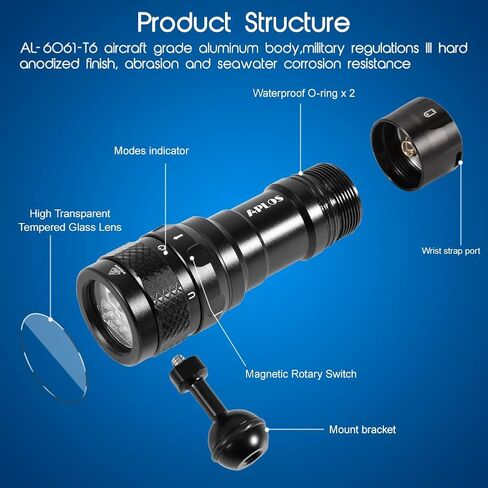 APLOS AP70 Scuba Diving Video Light, 6000 Lumen, 135 Degrees Wide Beam Angle, Underwater Flashlight with Red UV Light in Kuwait