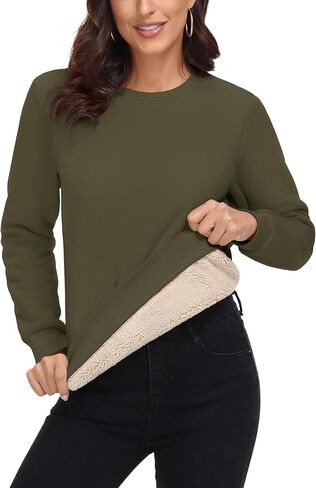 MAGCOMSEN المرأة شيربا اصطف بلوزات الحرارية عادية Crewneck كنزة صوف شتاء دافئ سميكة طويلة الأكمام بلايز in Saudi Arabia