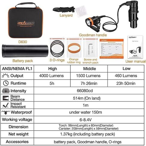 ORCATORCH D620 V2.0 2700 Lumen Primary Canister Dive Light 3 Modes Technical Diving Flashlight Underwater 150M Scuba Torch for Caving Wreck Diving in Kuwait