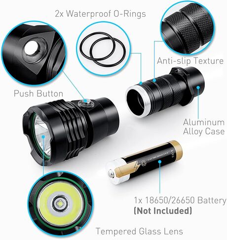 مصباح يدوي للغوص، 1000 لومن IPX8 مقاوم للماء، مصباح غوص LED محمول مع حزام معصم، مقبس شحن قابل لإعادة الشحن، وخط للكهف تحت الماء في أعماق البحار، الطوارئ، سلامة المشي لمسافات طويلة in Kuwait