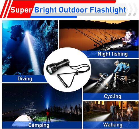 مصباح يدوي للغوص، 1000 لومن IPX8 مقاوم للماء، مصباح غوص LED محمول مع حزام معصم، مقبس شحن قابل لإعادة الشحن، وخط للكهف تحت الماء في أعماق البحار، الطوارئ، سلامة المشي لمسافات طويلة in Kuwait