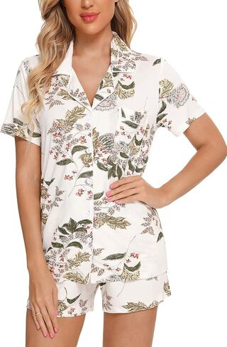 Samring Womens Pajamas Set Short Sleeve Sleepwear Button Down Nightwear Shorts Soft Pj Sets S-XXL in Kuwait