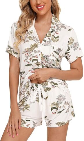 Samring Womens Pajamas Set Short Sleeve Sleepwear Button Down Nightwear Shorts Soft Pj Sets S-XXL in Kuwait