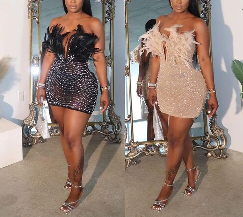 LROSEY Summer Club Wear Feather Dress Women Sexy Y2K See Through Rhinestone Mini Dresses for Event Party Homecoming in Kuwait