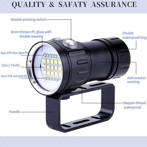 مصباح يدوي للغوص 18000 لومن IPX8 مقاوم للماء بدرجة IPX8 لمدربي الغوص والغواصين والغوص تحت الماء حتى عمق 100 متر in Kuwait