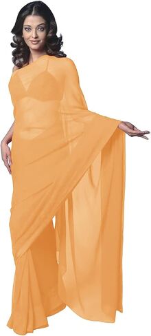 Women's Bollywood Chiffon Plain Sari Festival Uniform Saree Wrap Fabric Unstitched Blouse Piece Party Wear in Kuwait