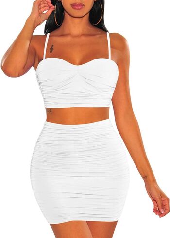 BEAGIMEG المرأة السباغيتي حزام مثير الأعلى Bodycon تنورة Ruched 2 قطعة فستان قصير in Kuwait