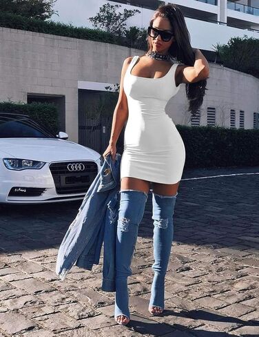 BORIFLORS Women's Casual Basic Tank Top Sexy Sleeveless Bodycon Mini Club Dress in Kuwait