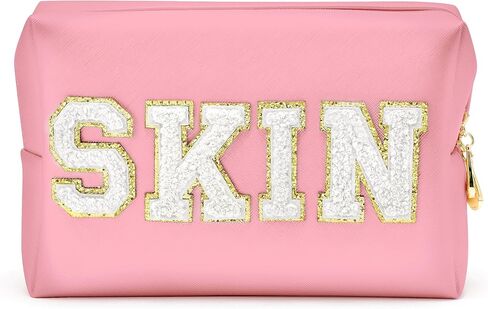 Y1tvei 4Pcs Preppy Patch Varsity Letter Makeup Bag Sewn with Pink Skin Hair Face Stuff Chenille Letter Cosmetic Toiletry Bag PU Leather Waterproof Portable Zipper Purse Travel Organizer for Women Girl in Kuwait