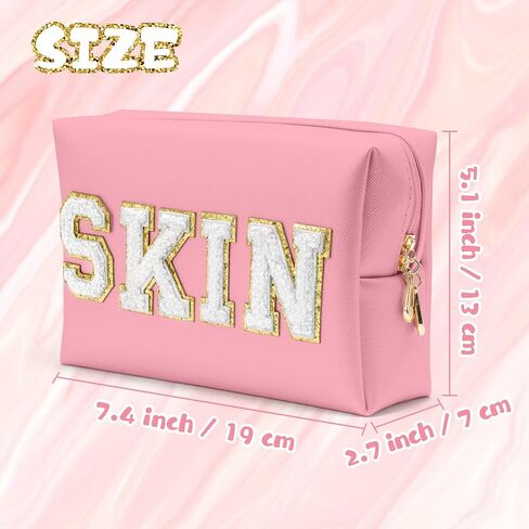 Y1tvei 4Pcs Preppy Patch Varsity Letter Makeup Bag Sewn with Pink Skin Hair Face Stuff Chenille Letter Cosmetic Toiletry Bag PU Leather Waterproof Portable Zipper Purse Travel Organizer for Women Girl in Kuwait