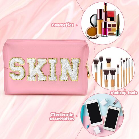 Y1tvei 4Pcs Preppy Patch Varsity Letter Makeup Bag Sewn with Pink Skin Hair Face Stuff Chenille Letter Cosmetic Toiletry Bag PU Leather Waterproof Portable Zipper Purse Travel Organizer for Women Girl in Kuwait