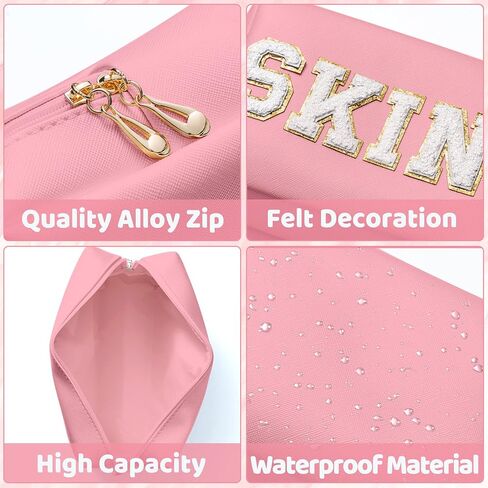 Y1tvei 4Pcs Preppy Patch Varsity Letter Makeup Bag Sewn with Pink Skin Hair Face Stuff Chenille Letter Cosmetic Toiletry Bag PU Leather Waterproof Portable Zipper Purse Travel Organizer for Women Girl in Kuwait