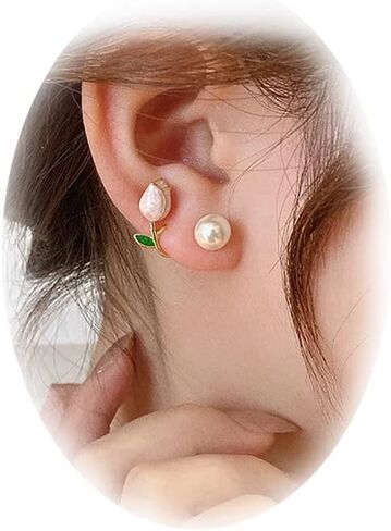 Sgoeths 2 Pairs Tulip Earrings for Women Pearl Flower Stud Cuff Earrings For Girls Tulip Pearl Jacket Front and Back Earrings For Party Christmas Jewelry Gift in Saudi Arabia