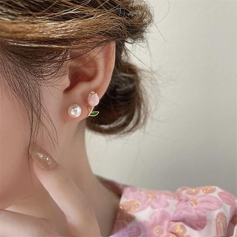 Sgoeths 2 Pairs Tulip Earrings for Women Pearl Flower Stud Cuff Earrings For Girls Tulip Pearl Jacket Front and Back Earrings For Party Christmas Jewelry Gift in Saudi Arabia
