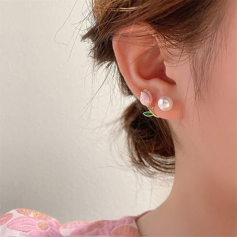 Sgoeths 2 Pairs Tulip Earrings for Women Pearl Flower Stud Cuff Earrings For Girls Tulip Pearl Jacket Front and Back Earrings For Party Christmas Jewelry Gift in Saudi Arabia