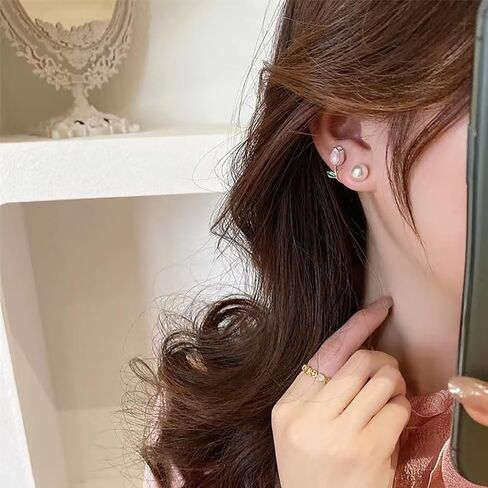 Sgoeths 2 Pairs Tulip Earrings for Women Pearl Flower Stud Cuff Earrings For Girls Tulip Pearl Jacket Front and Back Earrings For Party Christmas Jewelry Gift in Saudi Arabia