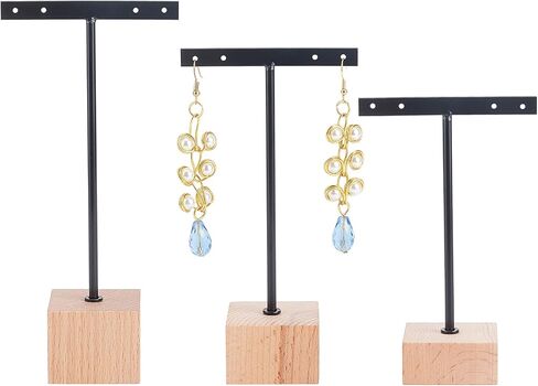 FINGERINSPIRE 3 Pcs Gold Metal T Bar Earring Display Stand 6.3/5.5/4.5 Inch Height Jewelry Stand with Wooden Square Base Earring Hanging Holders Jewelry Organizer for Store Retail Photography Props in Saudi Arabia