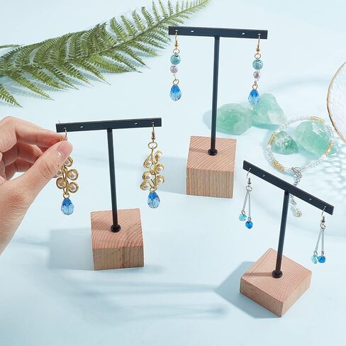 FINGERINSPIRE 3 Pcs Gold Metal T Bar Earring Display Stand 6.3/5.5/4.5 Inch Height Jewelry Stand with Wooden Square Base Earring Hanging Holders Jewelry Organizer for Store Retail Photography Props in Saudi Arabia