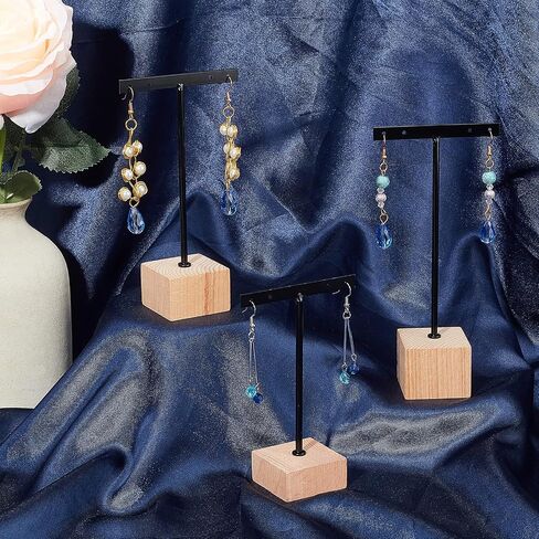 FINGERINSPIRE 3 Pcs Gold Metal T Bar Earring Display Stand 6.3/5.5/4.5 Inch Height Jewelry Stand with Wooden Square Base Earring Hanging Holders Jewelry Organizer for Store Retail Photography Props in Saudi Arabia