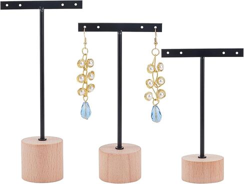 FINGERINSPIRE 3 Pcs Gold Metal T Bar Earring Display Stand 6.3/5.5/4.5 Inch Height Jewelry Stand with Wooden Square Base Earring Hanging Holders Jewelry Organizer for Store Retail Photography Props in Saudi Arabia