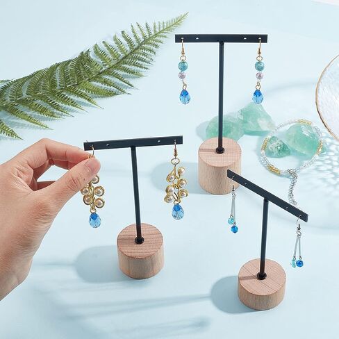 FINGERINSPIRE 3 Pcs Gold Metal T Bar Earring Display Stand 6.3/5.5/4.5 Inch Height Jewelry Stand with Wooden Square Base Earring Hanging Holders Jewelry Organizer for Store Retail Photography Props in Saudi Arabia