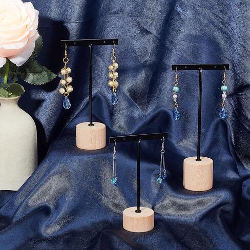FINGERINSPIRE 3 Pcs Gold Metal T Bar Earring Display Stand 6.3/5.5/4.5 Inch Height Jewelry Stand with Wooden Square Base Earring Hanging Holders Jewelry Organizer for Store Retail Photography Props in Saudi Arabia