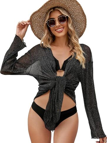 EDIMENS Bathing Suit Cover Ups for Women Long Sleeve Pearls Sheer Mesh Beach Cover Ups Swimwear Swimsuit Coverup for Women in Kuwait