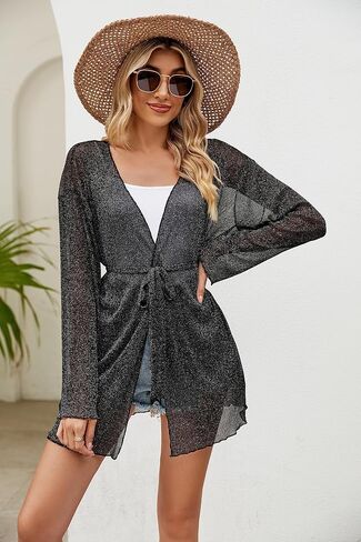 EDIMENS Bathing Suit Cover Ups for Women Long Sleeve Pearls Sheer Mesh Beach Cover Ups Swimwear Swimsuit Coverup for Women in Kuwait