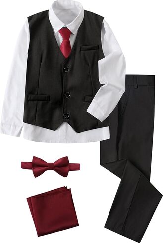 A&J DESIGN Boys 6-Piece Formal Suit Set with Dress Shirts, Vest, Pants, Tie, Bowtie and Pocket Square in Kuwait