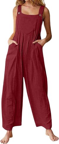 loveimgs Women's Loose Sleeveless Printed Bib Overalls Pockets Wide Leg Palazzo Pants Tank Jumpsuit in Kuwait